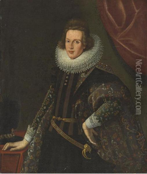 Portrait Of A Gentleman, Standing Three-quarter-length, In Anembroidered Coat Oil Painting - Justus Sustermans