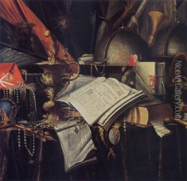 A Vanitas Still Life With Books, Globes, A Silver Gilt Beaker, A Roemer, Jewellry And Musical Instruments, All On A Draped Table Oil Painting - Edward Collier