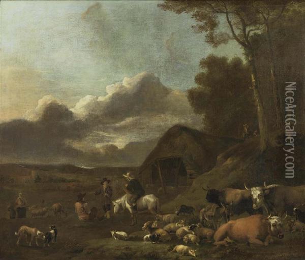 Hirten Mit Herde. Oil Painting - Adrian Van De Velde