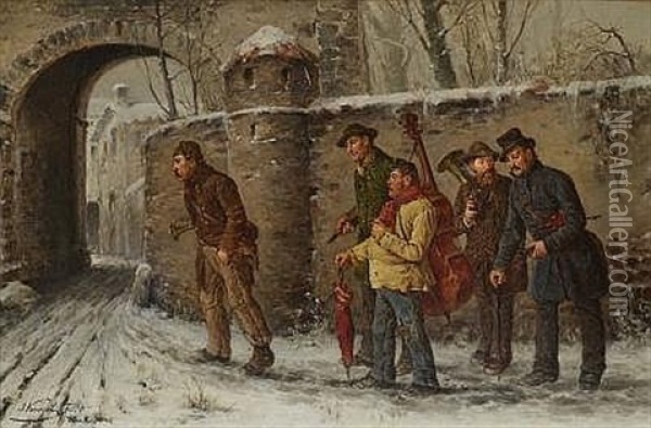 Musikanten Vor Der Stadtmauer Oil Painting - Josef Kinzel