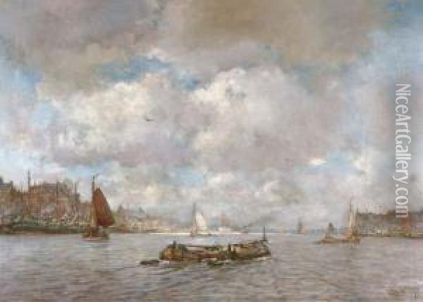 Shipping On The Maas, Rotterdam Oil Painting - Kees Van Waning