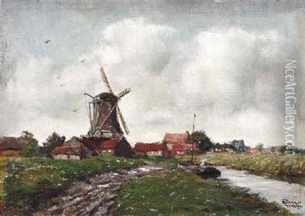 Hollandische Weidelandschaft Mit Kanal Am Rande Eines Dorfes Oil Painting - Julius Schrag