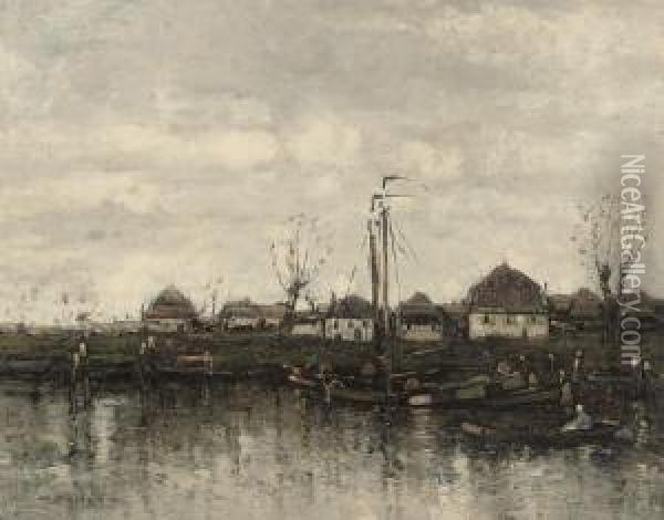 Barges On A Dutch Canal Oil Painting - William Alfred Gibson