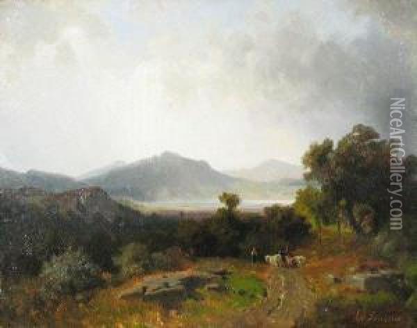 Abendliche Berglandschaft Mit Viehtrieb Zum See Oil Painting - Schleich Eduard I & Bach Alois