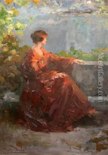 Lady Seated On A Terrace Oil Painting - Paolo Sala