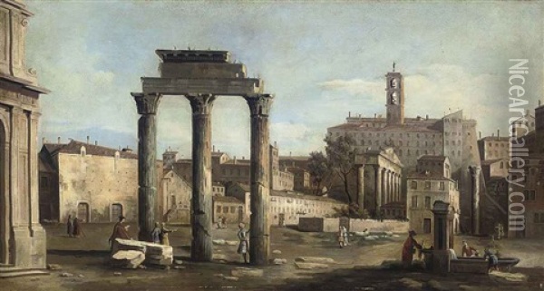 The Forum With The Temple Of Castor And Pollux, Rome Oil Painting - Bernardo Bellotto
