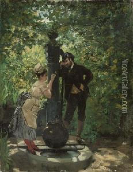 A Rendezvous At The Well Oil Painting - Pierre Carrier-Belleuse