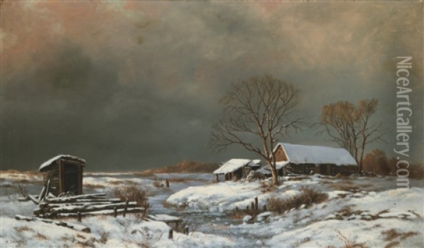 Winter Landscape With Cottages Oil Painting - Vasili Yefimovich Ekgorst