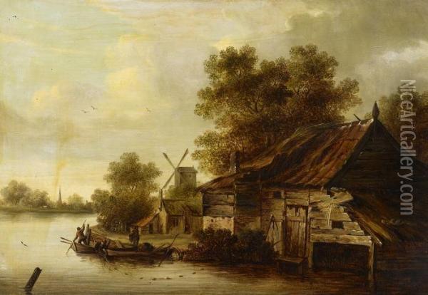 Fisherman's Cottages By The Water Oil Painting - Anthony Jansz van der Croos