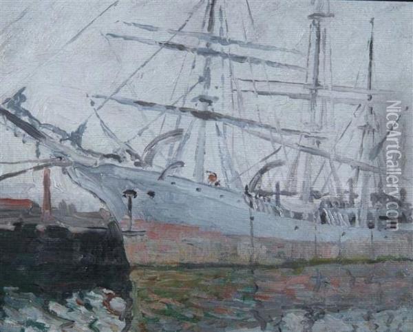 Tall Ship Docked In Harbour Oil Painting - Walter Elmer Schofield