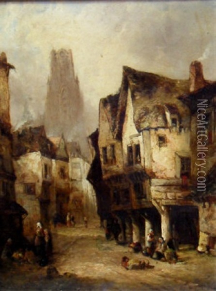 Figures In A Continental City Street Oil Painting - Alfred Montague