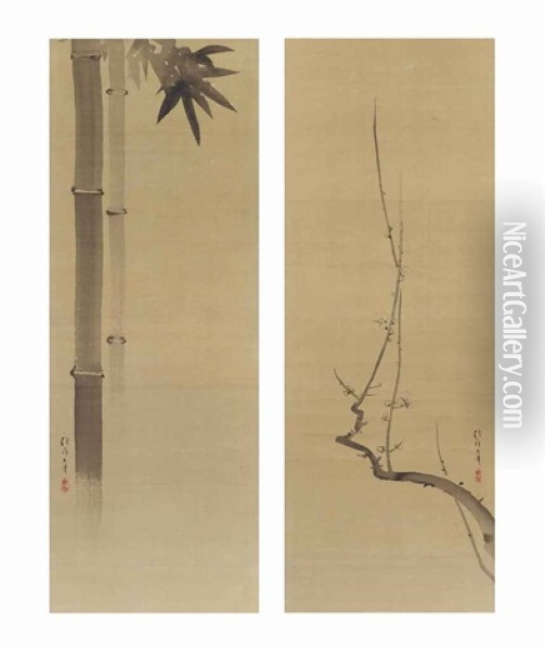 Bamboo Plants And A Gnarled Plum Branch (pair) Oil Painting - Sakai Hoitsu