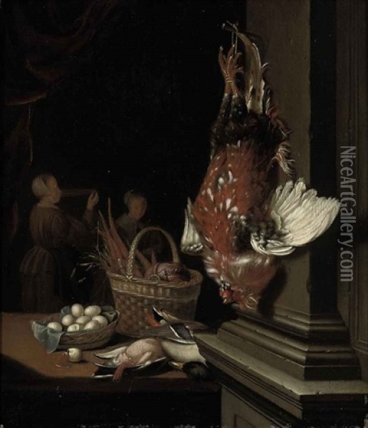 A Dead Cockerel Hanging From A Nail, Ducks, Eggs And Carrots In Wicker Baskets On A Table In An Interior, Two Maids Beyond Oil Painting - Pieter Cornelisz van Slingeland