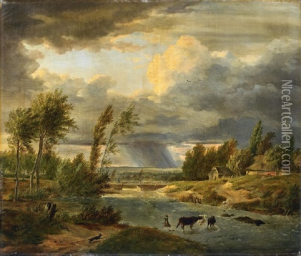 Sommerliche Landschaft Bei Aufziehendem Gewittersturm Oil Painting - Jean-Baptiste de Jonghe