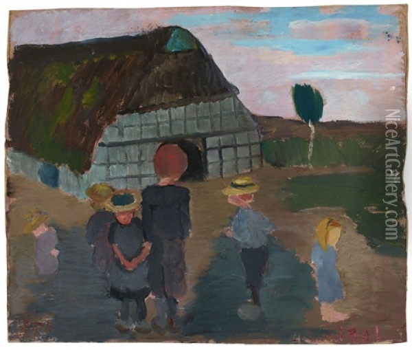 Kinder Vor Bauernhaus. Verso: Birkenstamme Und Haus Oil Painting - Paula Modersohn-Becker