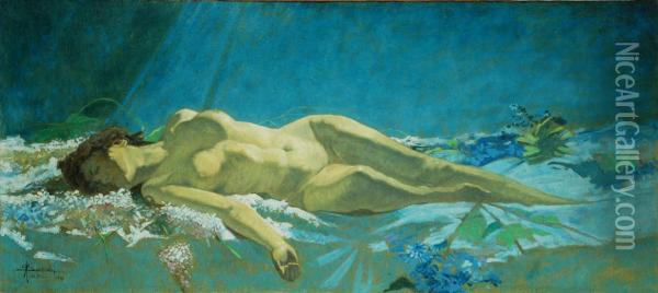 Nudo Sdraiato Tra Fiori Oil Painting - Angelo Landi