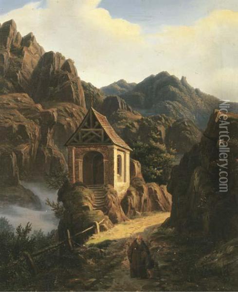 A Monk With A Child On A Mountainpass With A Chapel Beyond Oil Painting - Christian Breslauer