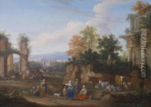 Italian Landscape With Ruins And Peasantgroups Oil Painting - Mattijs Schoevaerdts