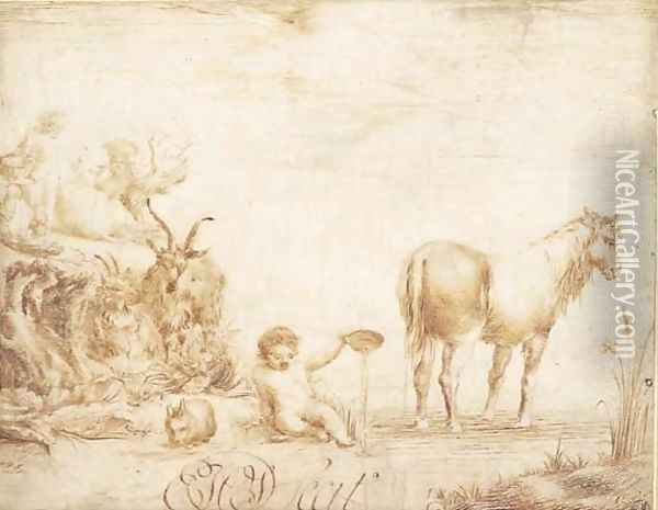 An infant pouring water from a dish, flanked by a horse, a rabbit and two goats, two figures with a cow in the background 2 Oil Painting - Dutch School