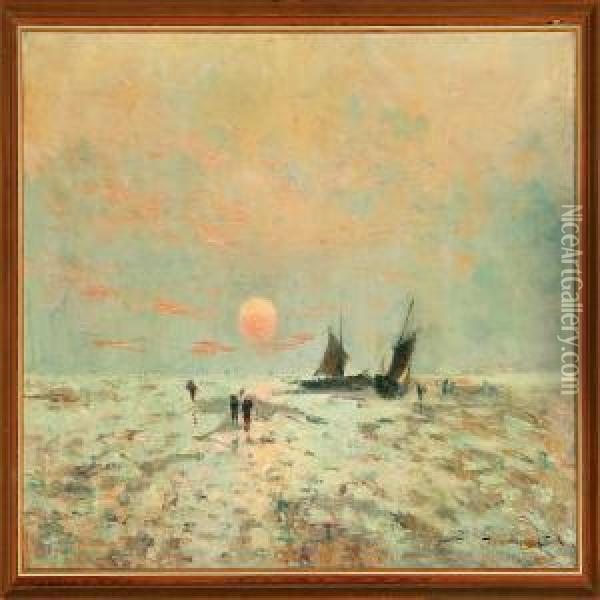 Kystparti Med Sollys Over Havet Ved Lavvande Oil Painting - Lucien Frank