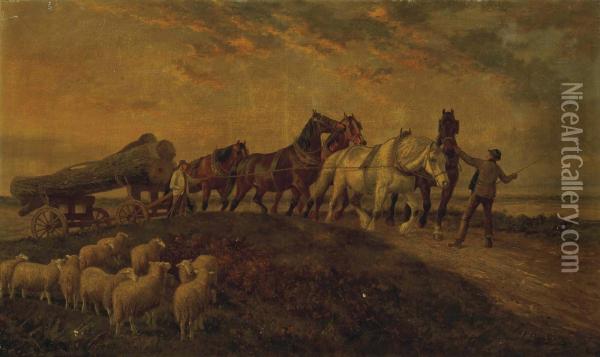Horses Pulling Logs, Sheep Resting In The Foreground Oil Painting - Joseph Clark