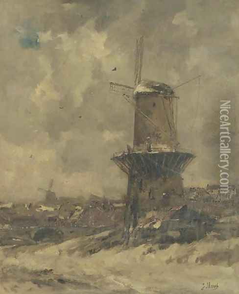 A windmill in the snow Oil Painting - Jacob Henricus Maris