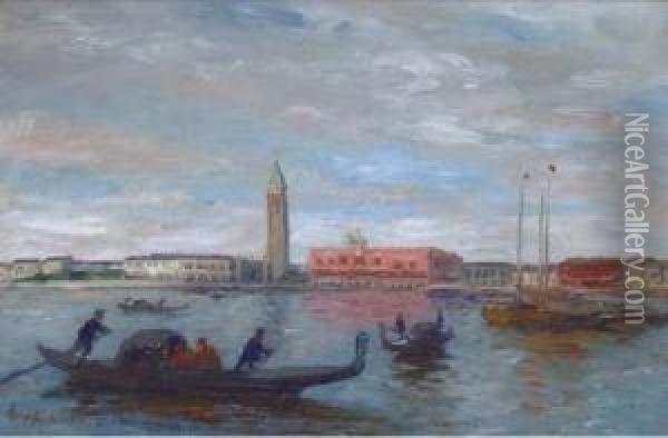 Gondolas Before The Dogana, Venice Oil Painting - Thomas Ludwig Herbst