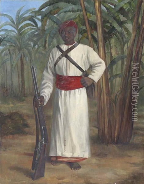 Portrait Of Sali, Standing Full Length In White Robes With A Red Sash And Headdress Oil Painting - Dorothy Tennant