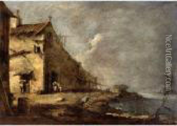 Capriccio With A Rustic Cottage And Figures By River's Edge Oil Painting - Francesco Guardi