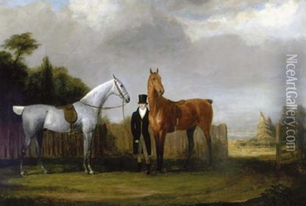A Gentleman And His Two Favorite Horses Oil Painting - Jacques-Laurent Agasse