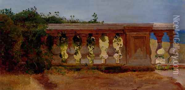 A Garden Balustrade By The Sea Oil Painting - Anders Christian Lunde