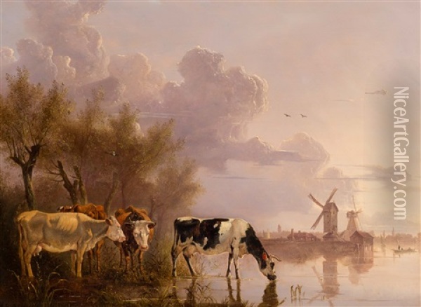 Cows On The River Side After A Summer Downpour Oil Painting - Gerard Bilders