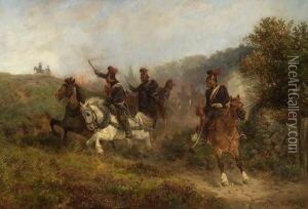 Angreifende Artillerie. Oil Painting - Hermann Kauffmann