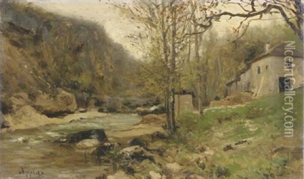 Ferme Au Bord D'un Torrent Dans Le Jura: By A River In A Hilly Landscape Oil Painting - Adolphe Appian