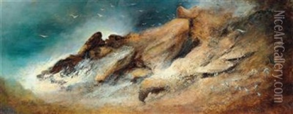 Seagulls In A Stormy Bay Oil Painting - Karl Wilhelm Diefenbach