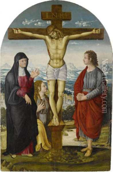 Christ On The Cross With Mary, Mary Magdalene And John The Baptist Oil Painting - Luca Signorelli