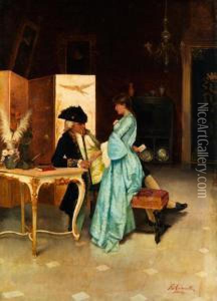 Zwiegesprach In Salon-interieur (derversteckte Liebesbrief) Oil Painting - Federico Andreotti