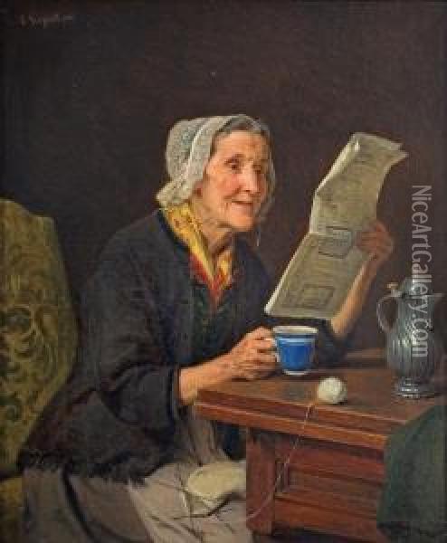 Alte Frau Mit Zeitung Und Kaffeetasse Oil Painting - August Friedrich Siegert