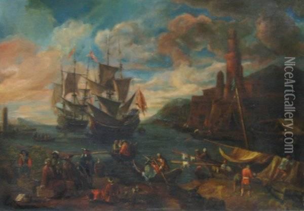 Mediterranean Harbor Scene With Figures Oil Painting - Claude-joseph Vernet