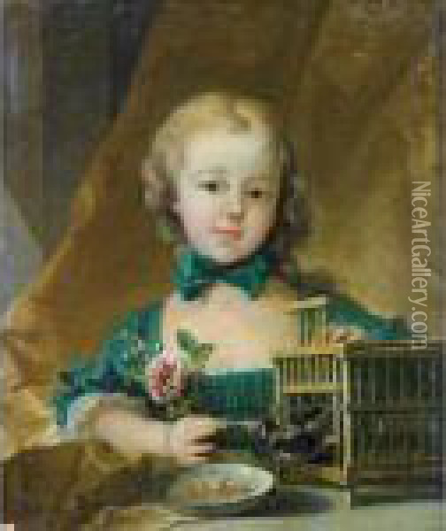 Portrait D'alexandrine Lenormand D'etiolles (1744-1754) Jouant Avecun Chardonneret Oil Painting - Francois Boucher