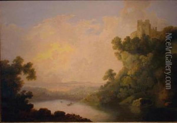 Lake Landscape With Castle Looming Atop A Cliff Oil Painting - William Groombridge