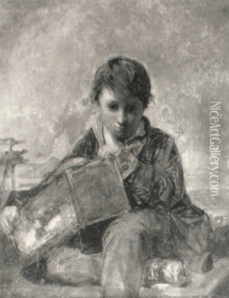 Young Boy Holding A Crate Of Chickens Oil Painting - William James Mueller