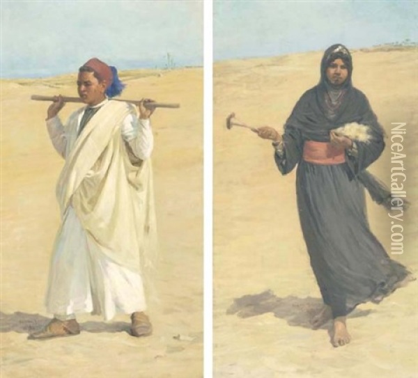 Le Berger (+ La Fileuse; 2 Works) Oil Painting - Hussein Semiha