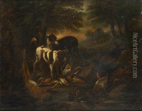 Gryef A Pair - Restingfigures 
With Hunting Dogs Guarding Dead Game, In Wooded Italianatelandscapes Oil Painting - Adriaen de Gryef