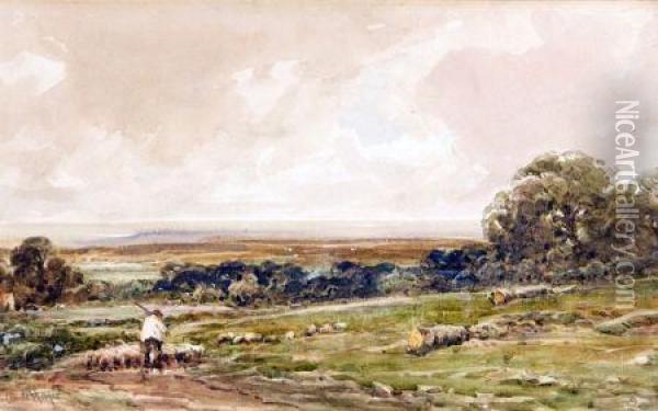 Shepherd And Sheep In Landscape Oil Painting - Claude Hayes