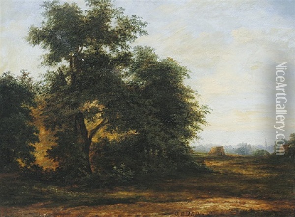 Waldlandschaft Mit Dorf Im Hintergrund Oil Painting - Eugen Gustav Duecker