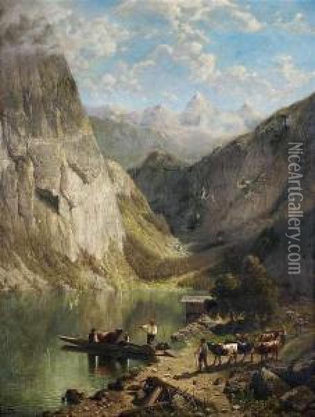 Cattle Drive At Ahigh Mountain Lake. Oil Painting - Wilhelm Theodor Nocken