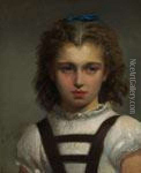 Young Girl With A Blue Ribbon Oil Painting - Ludwig Streitenfeld