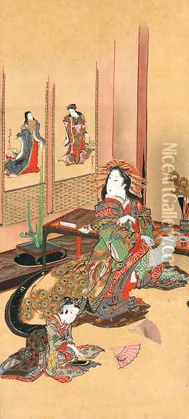 A courtesan preparing to paint a fan Oil Painting - Yanagawa Shigenobu