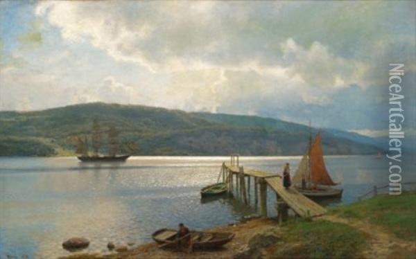 The Jetty At Feste Near Moss Oil Painting - Hans Frederick Gude